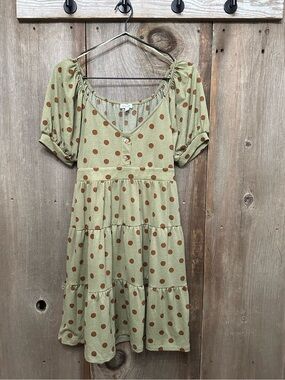 Blue Pepper Polka Dot Puff Sleeve Mini Dress in Green Size Small